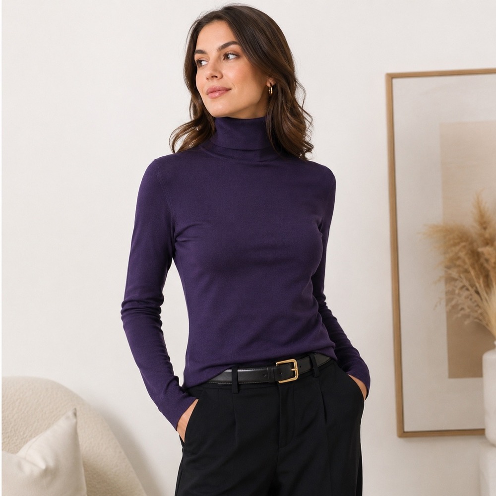 Carlisle Purple Silk Blend Turtleneck Sweater Top XL Long Sleeve Stretch Knit